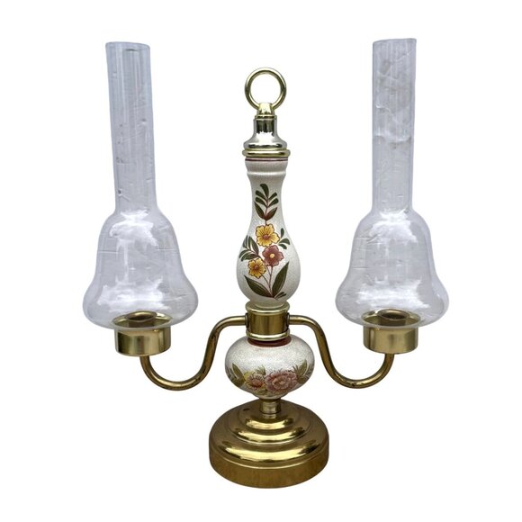 VTG Floral Porcelain Brass Candelabra Glass Globes Colonial Cottage 1960s - Picture 1 of 8